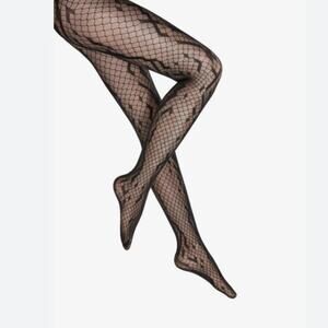 NWT WOLFORD Black Crossbound Reptile Snake Print Net Tights Size Large